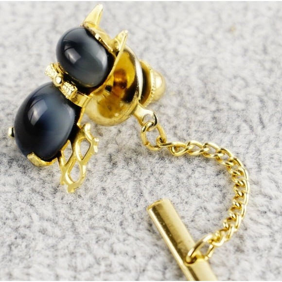 HOB & Co Cat Jelly Belly Cabochon Tie Tack Gray/Black Tiger Eye Like Gold Tone - Picture 10 of 11